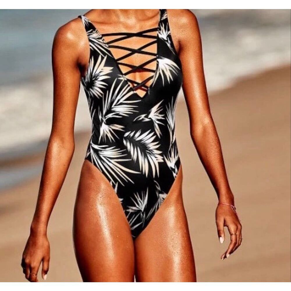 NWT Victorias Secret Pink Swimsuit Strappy Front  High Leg Black Palm One Piece
